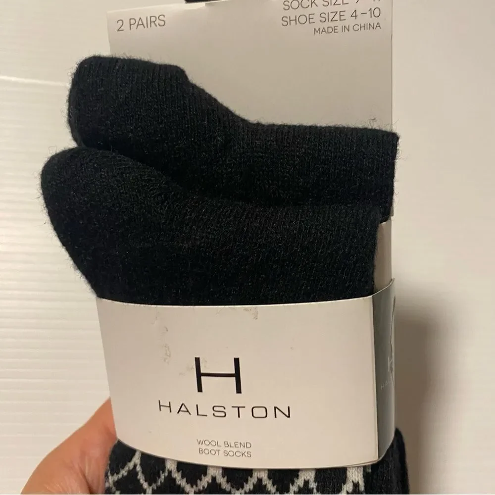 H Halston wool blend socks black/print 2 pairs NEW
